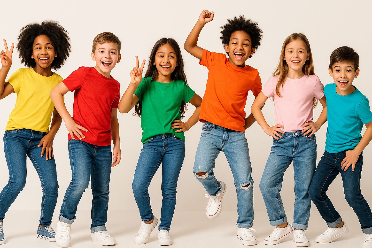 kids wearing  jeans banner and showing off